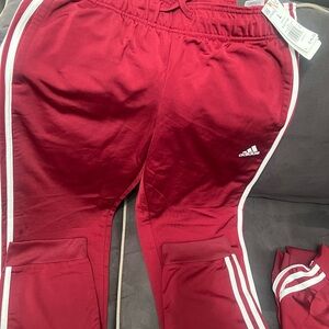 Adidas Women’s Burgundy Joggers with White Stripes